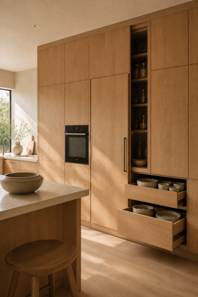 Warm minimalist kitchen with seamless floor-to-ceiling oak cabinets, integrated appliances, and organized concealed storage.