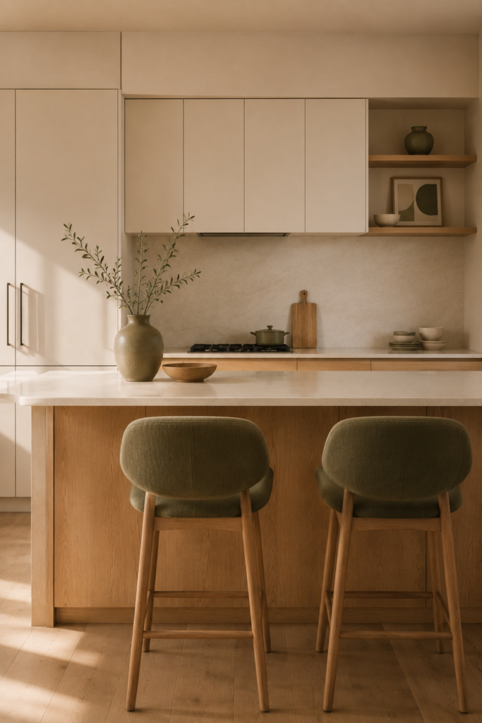 Warm minimalist kitchen with natural oak and cream surfaces accented by subtle muted olive stools and decor.