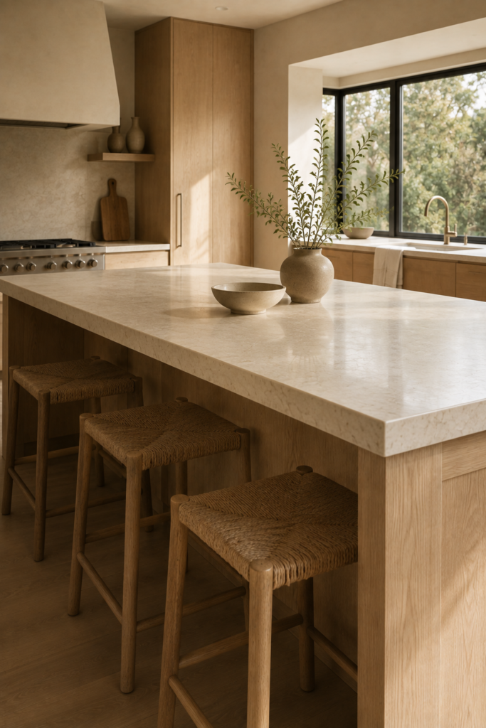 Simple warm minimalist kitchen island with white oak, cream stone, woven stools, and minimal functional styling.