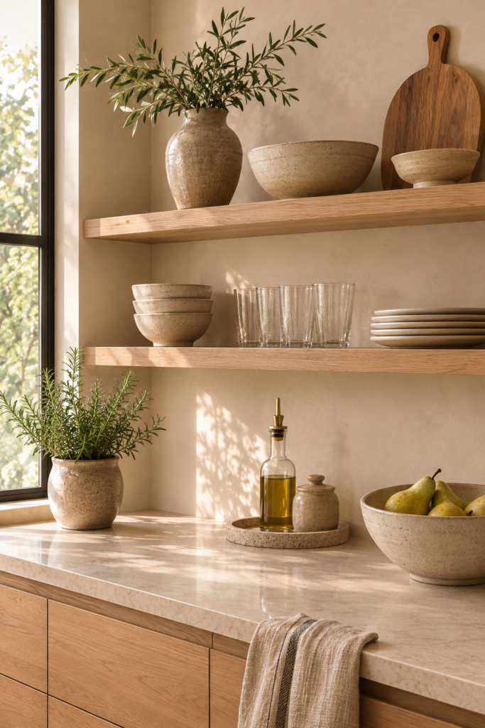 Warm minimalist kitchen with simple white oak open shelves displaying a small collection of everyday ceramics and glassware.