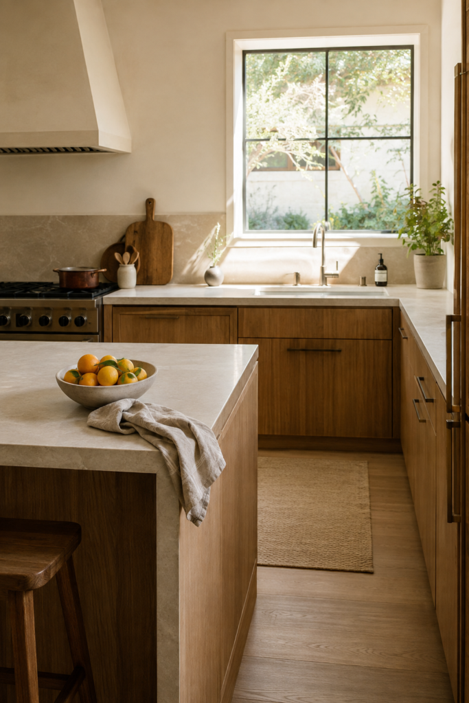Warm minimalist kitchen with natural oak, cream stone, fresh citrus, linen, a wooden cutting board, and a small potted herb.