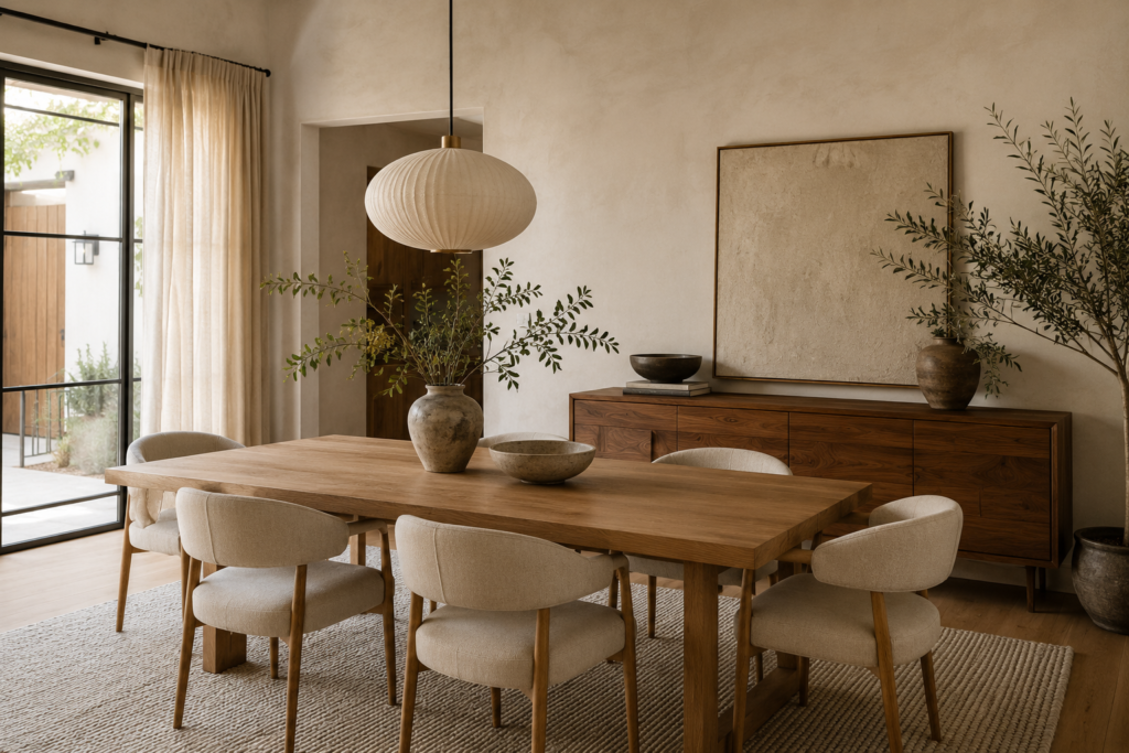 Organic modern dining room with a natural oak table, linen chairs, textured rug, ceramic pendant light, and layered natural materials.