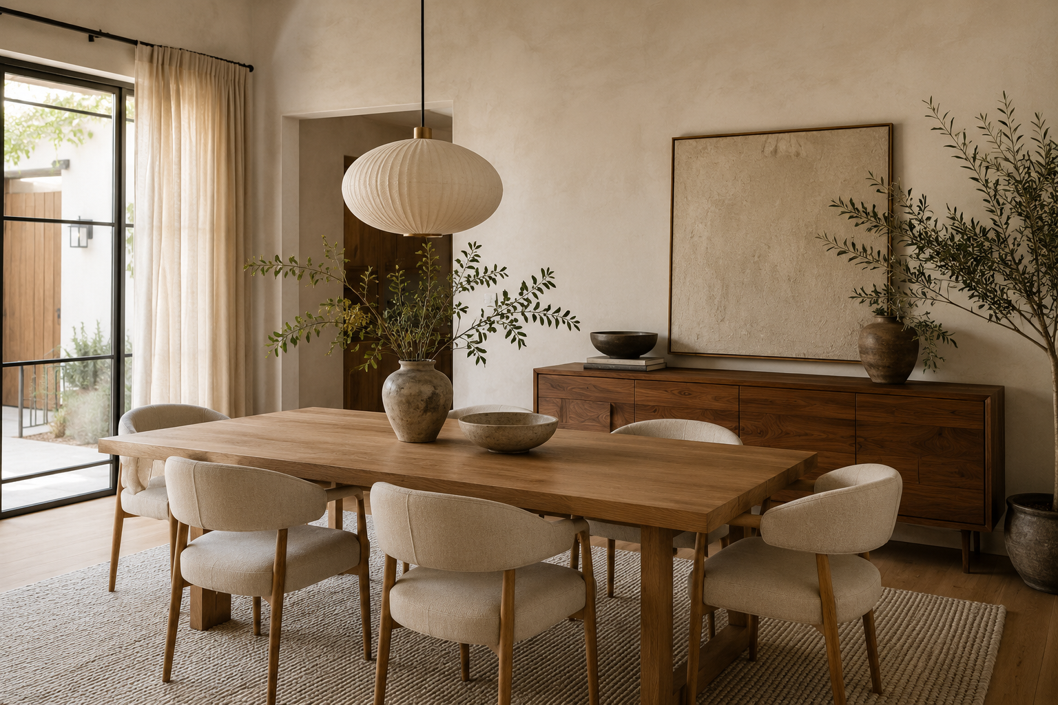 Organic modern dining room with a natural oak table, linen chairs, textured rug, ceramic pendant light, and layered natural materials.
