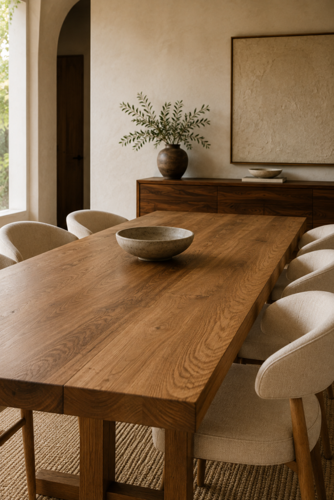 Organic modern dining room centered around a solid natural oak dining table with visible wood grain and cream upholstered chairs.