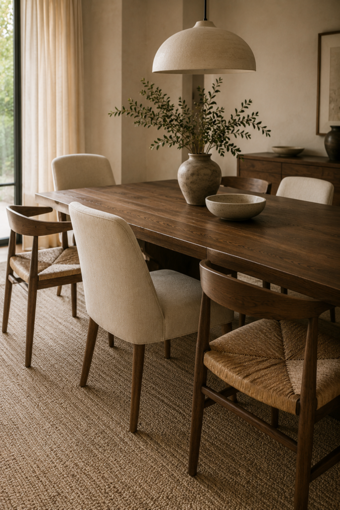 Organic modern dining room with a walnut table and mixed linen and woven dining chairs for layered natural texture.