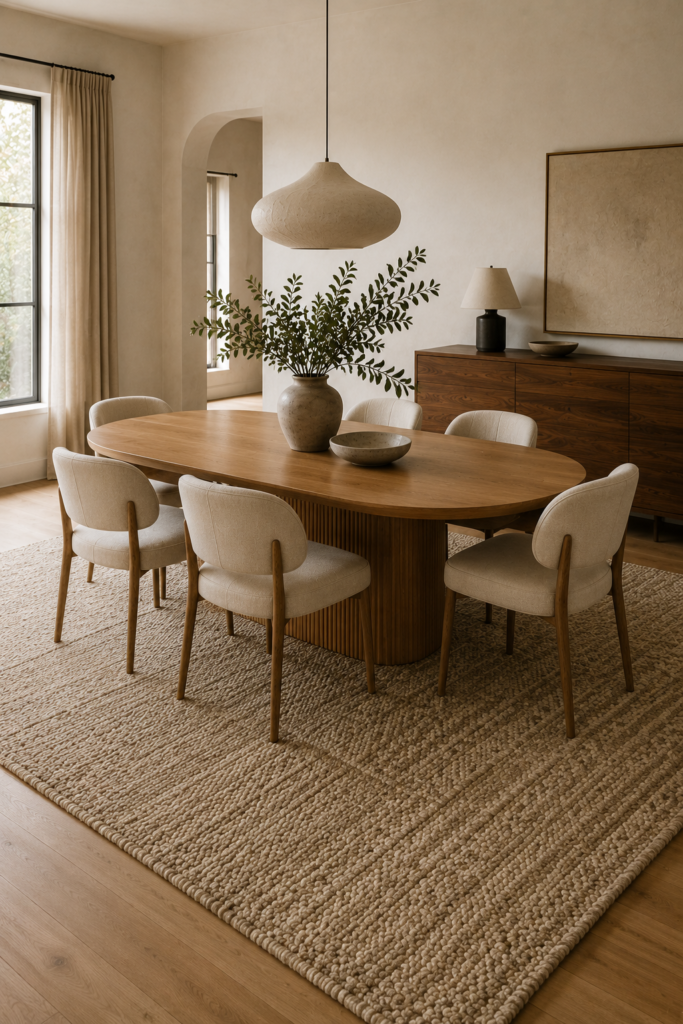 Organic modern dining room with a rounded oak table and warm textured wool rug defining the dining area.