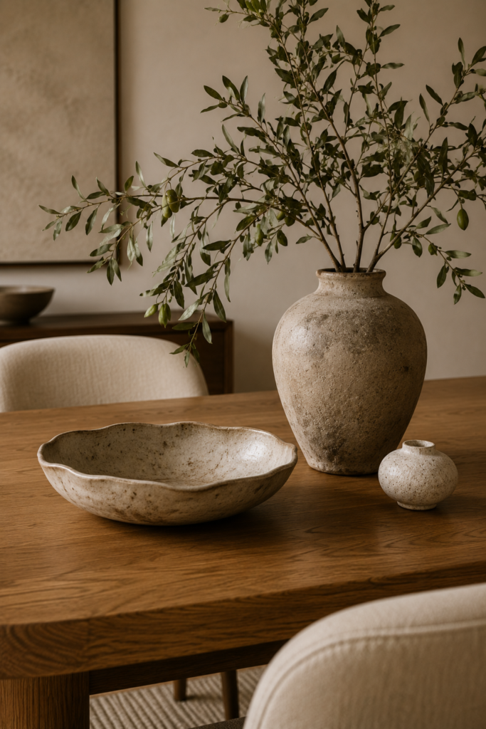 Natural oak dining table styled simply with a handmade ceramic bowl, sculptural stone vase, and olive branches.