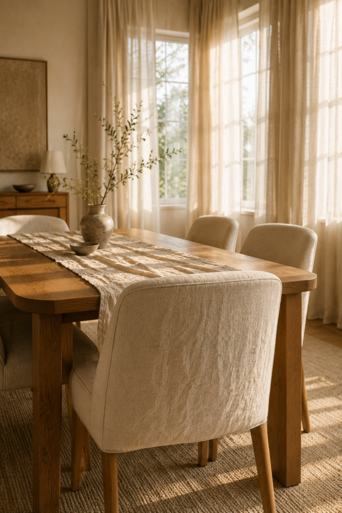 Organic modern dining room with relaxed linen chairs, soft linen curtains, an oak table, and warm filtered sunlight.
