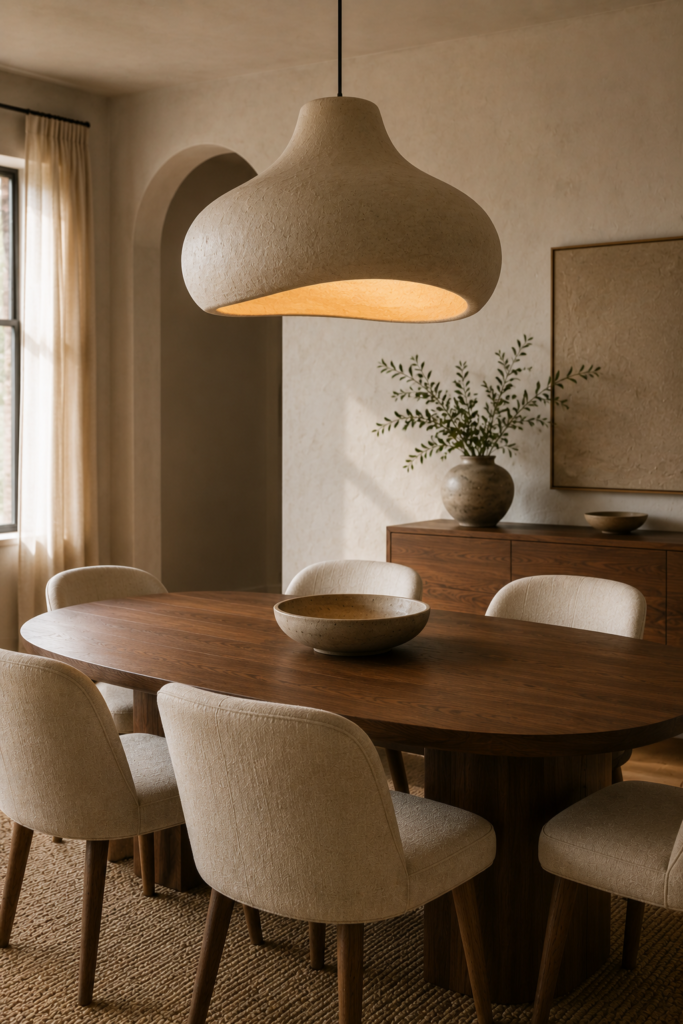 Organic modern dining room with a sculptural ceramic pendant light above an oval walnut table and cream dining chairs.