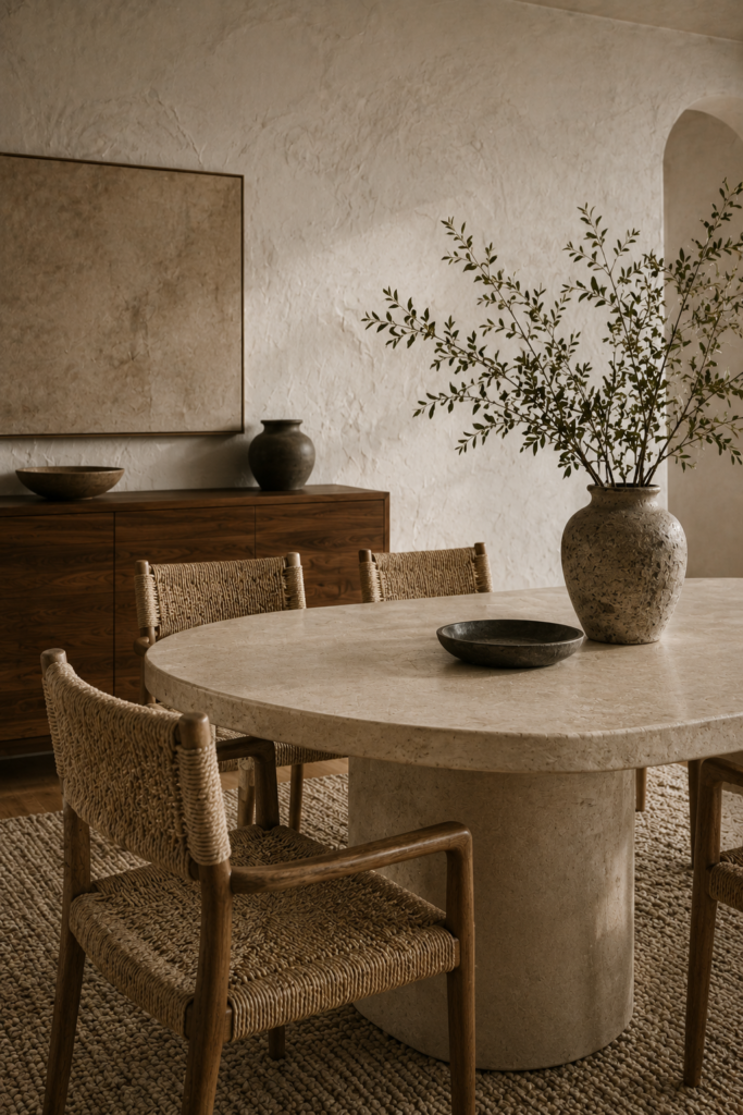 Organic modern dining room combining a smooth stone table, woven chairs, rough ceramic decor, and textured plaster walls.