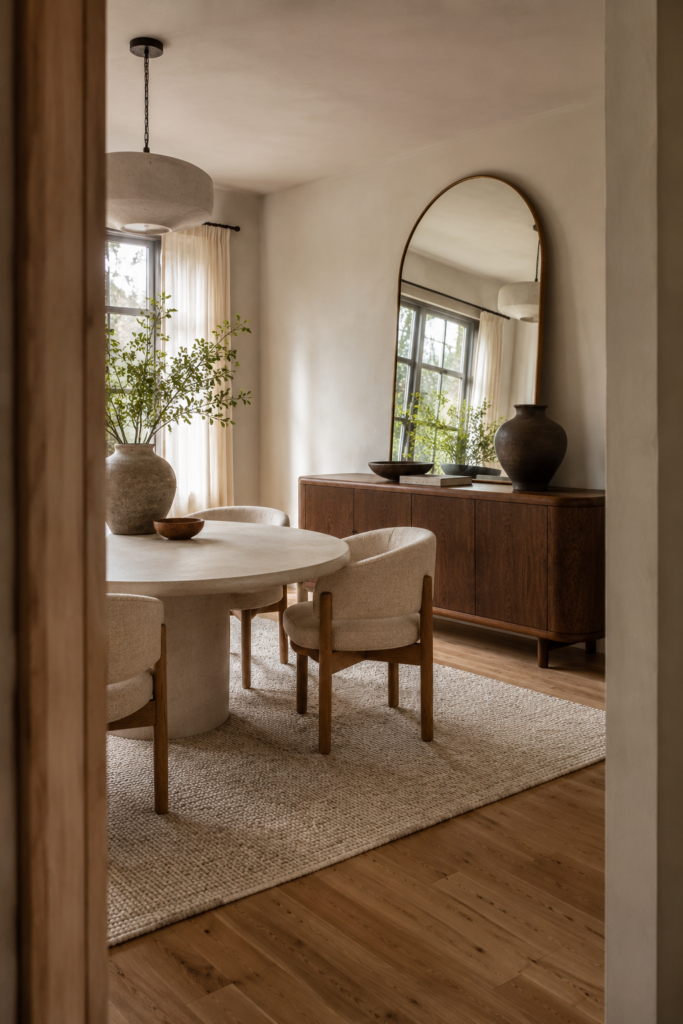 Organic modern dining room with a rounded pedestal table, curved chairs, arched mirror, and soft natural textures.