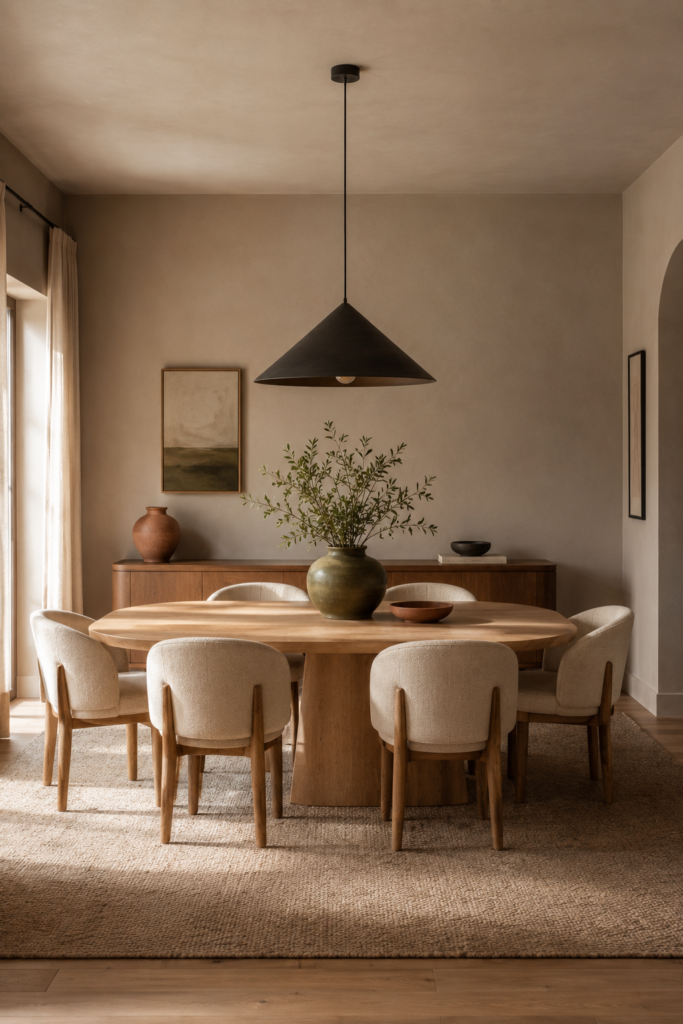 Organic modern dining room using warm cream, natural oak, taupe, olive, charcoal, and subtle terracotta accents.