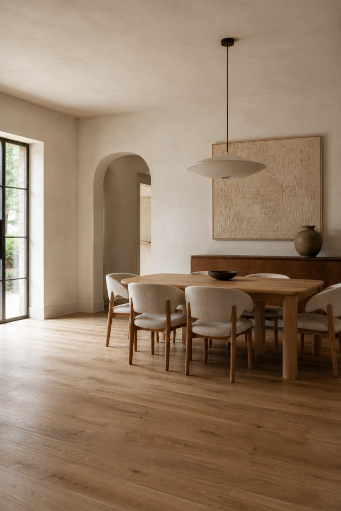 Spacious organic modern dining room with an oak table, upholstered chairs, minimal decor, textured walls, and generous negative space.