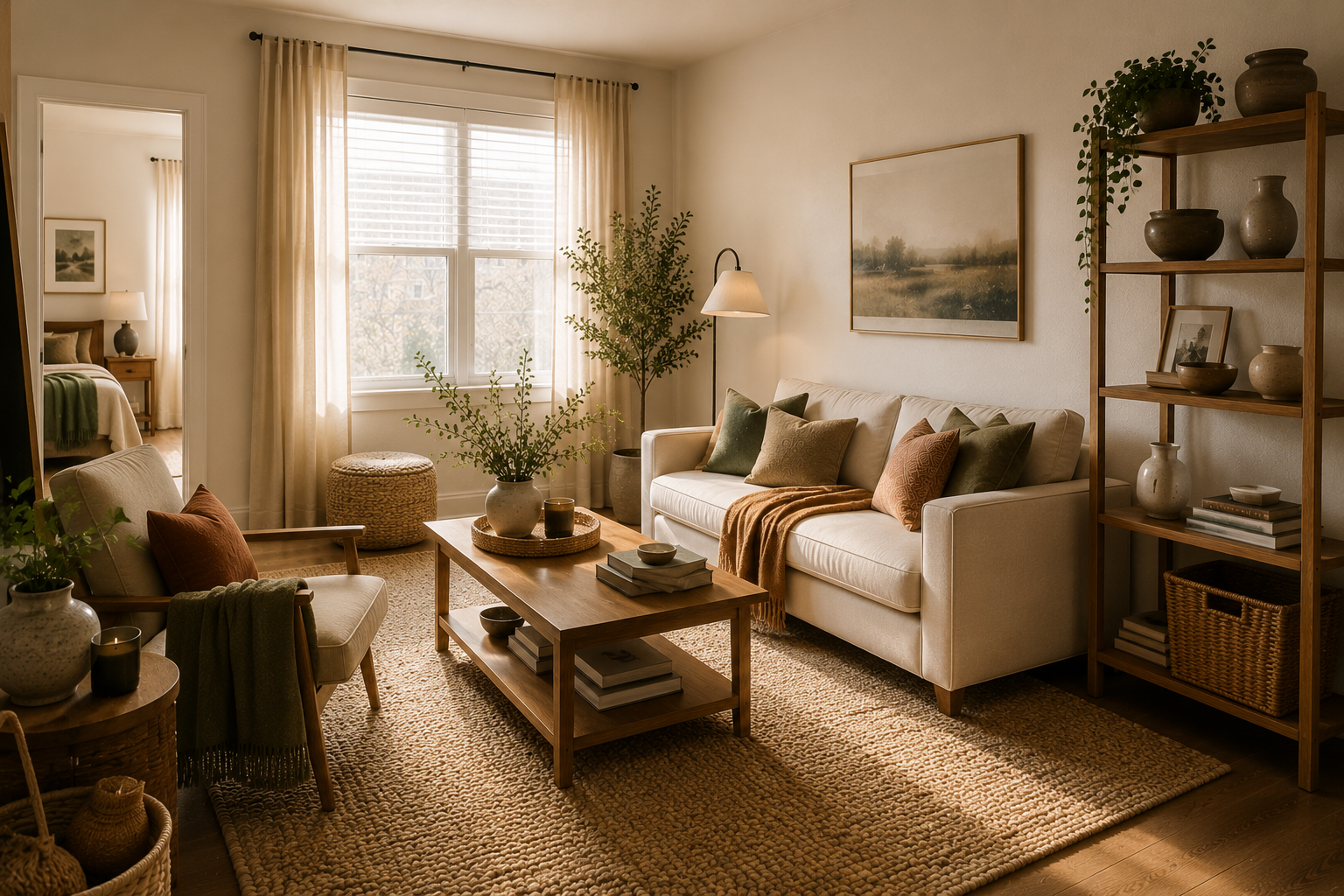Stylish renter-friendly apartment living room with neutral furniture, layered lighting, curtains, artwork, and flexible decor.