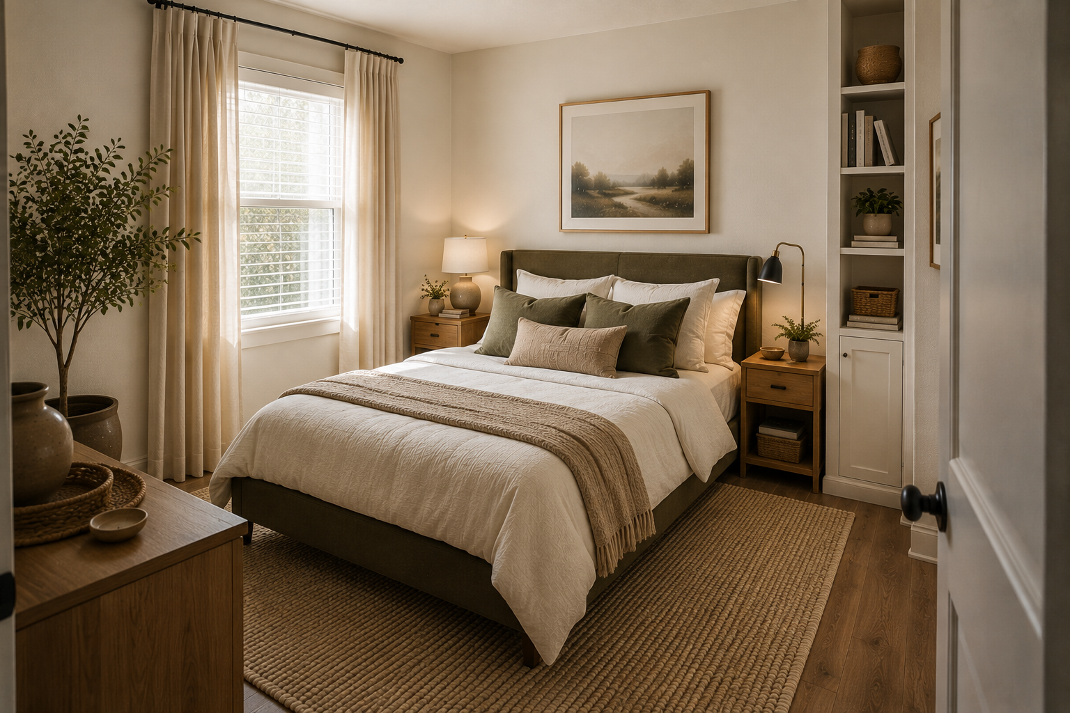 Stylish small bedroom with a slim bed, natural wood furniture, soft textiles, vertical storage, and an open functional layout.