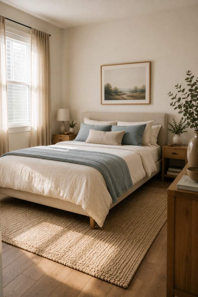 Small bedroom with a slim upholstered bed, compact oak furniture, soft linen bedding, and an open layout.
