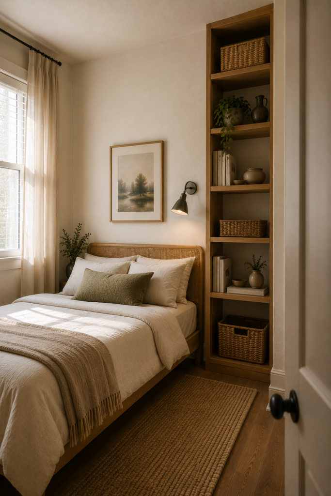 Small bedroom with tall vertical shelving for books and storage beside a compact bed.