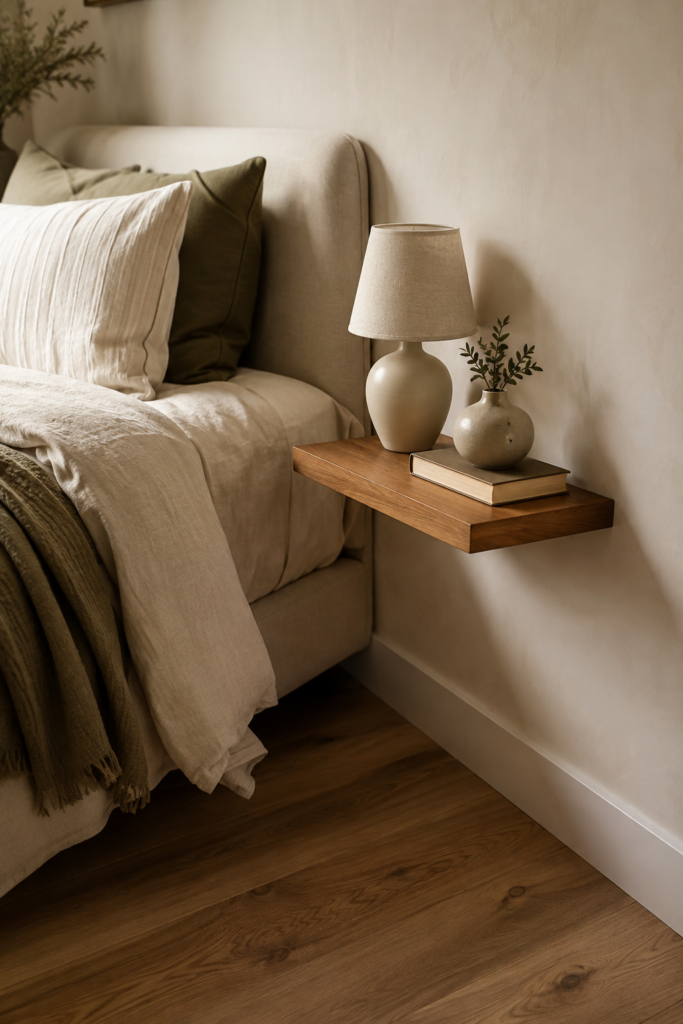 Small bedroom with a floating bedside shelf, compact lighting, and open floor space beside the bed.