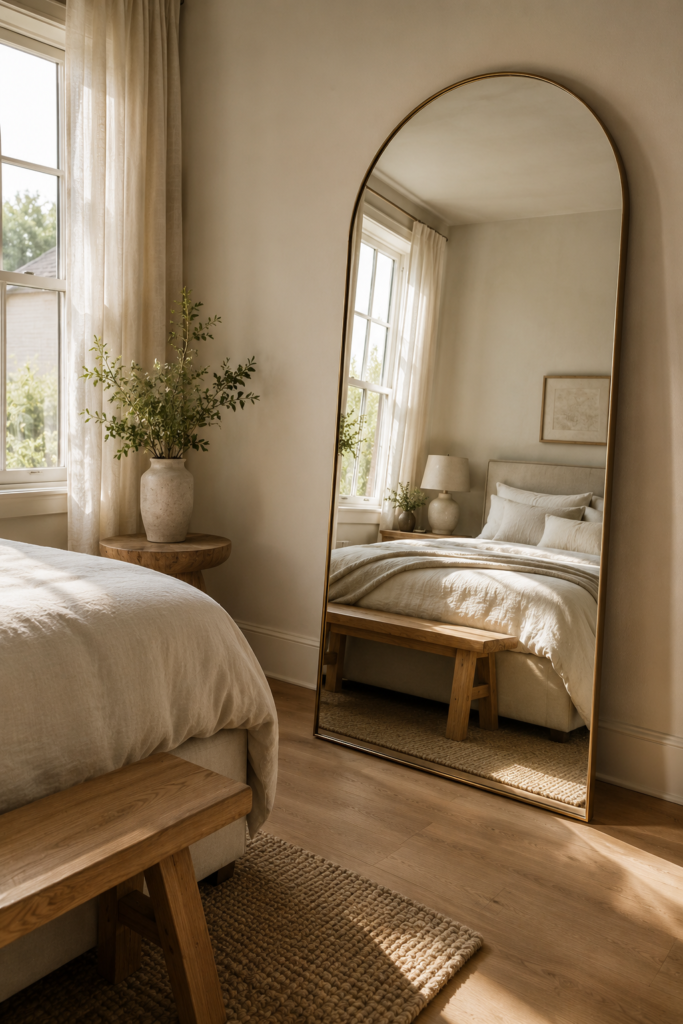 Small bedroom with a large leaning mirror reflecting natural light and creating a more spacious appearance.
