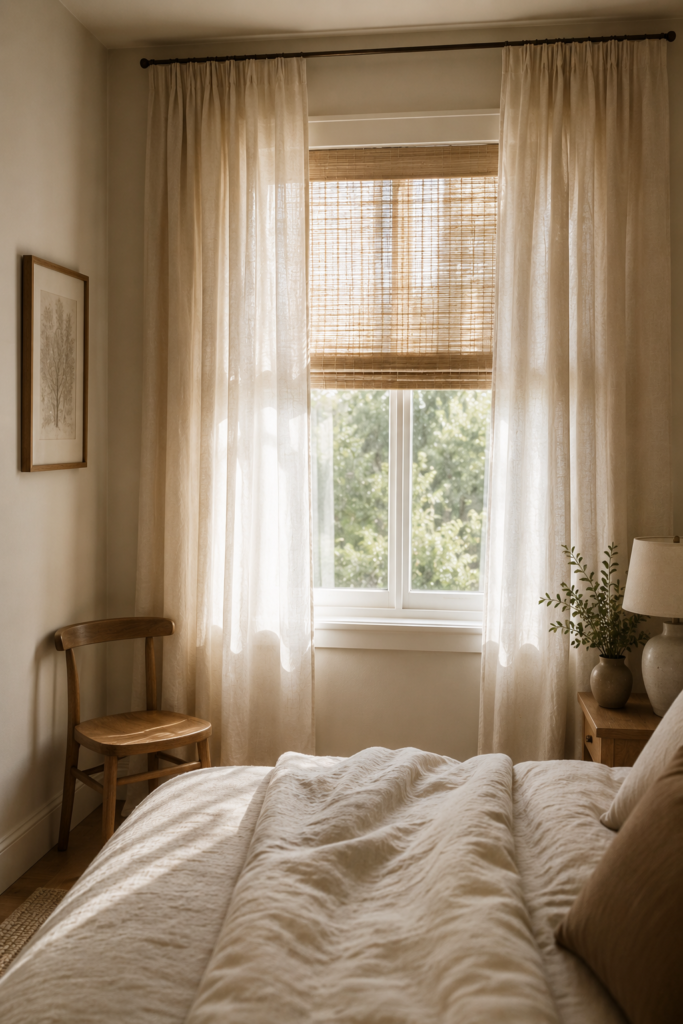 Small bedroom with high-hung off-white linen curtains and woven shades that create a taller, brighter appearance.