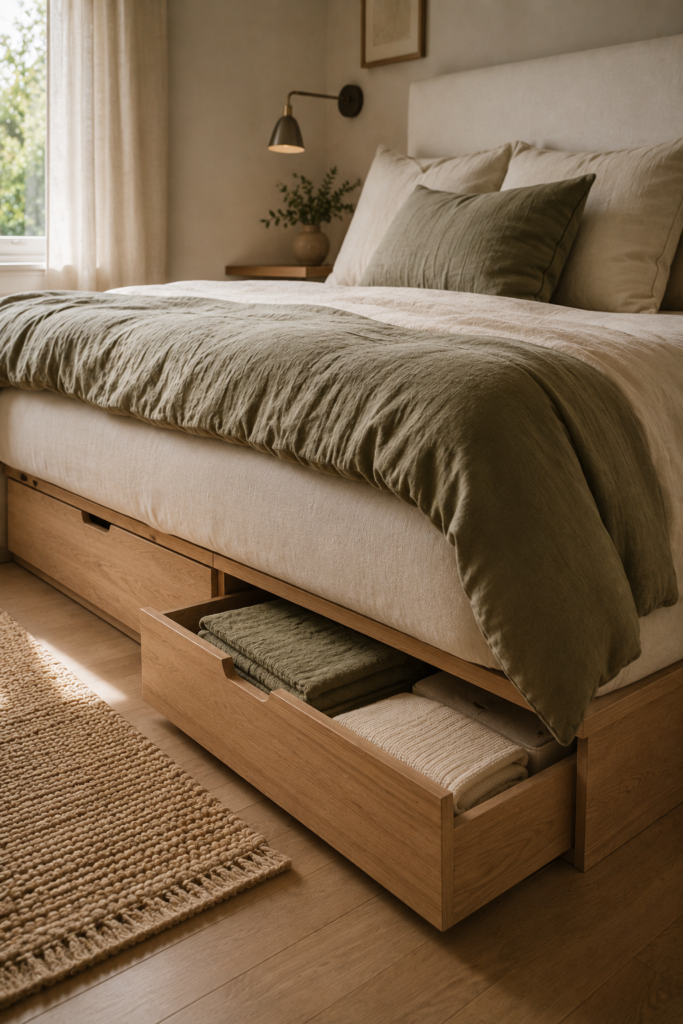 Small bedroom with a low upholstered bed featuring built-in under-bed drawers for hidden storage.