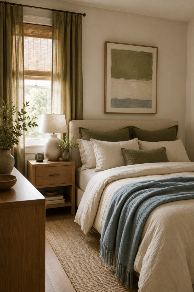 Small bedroom with a cohesive warm white, muted olive, dusty blue, cream, and natural oak color palette.