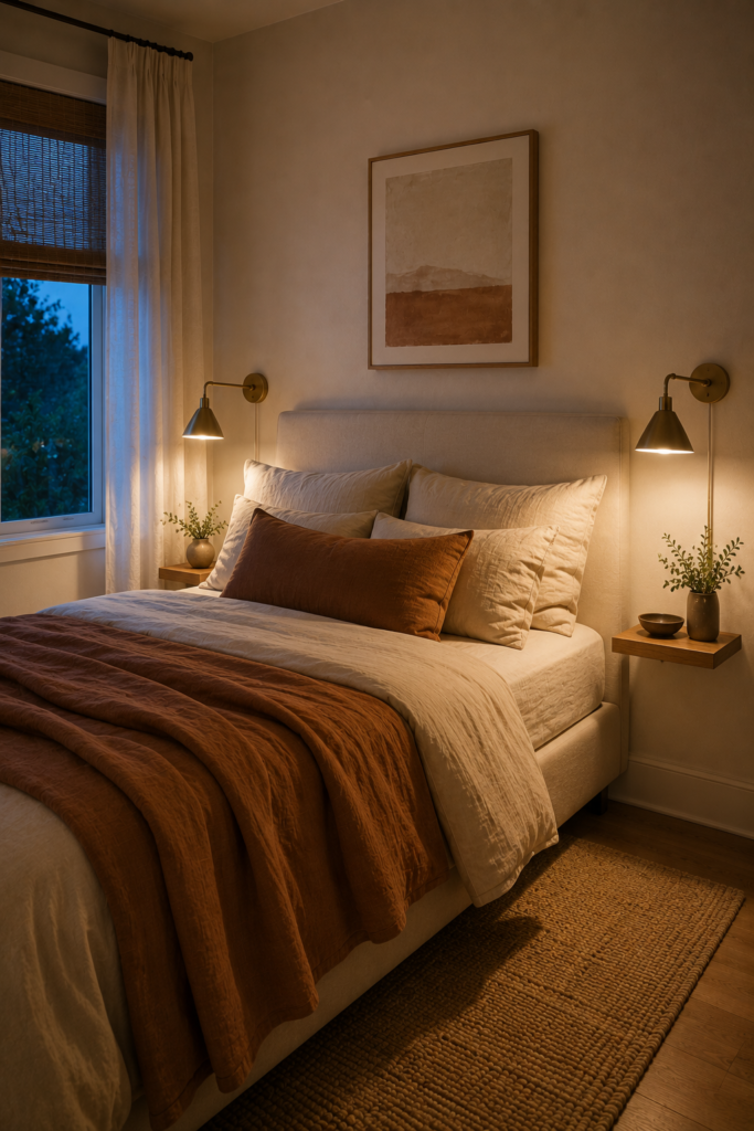Compact bedroom with plug-in brass wall sconces and floating bedside shelves that save valuable floor space.