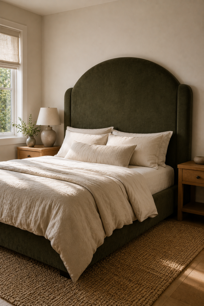 Small bedroom with a dramatic muted olive upholstered headboard as the main statement piece.