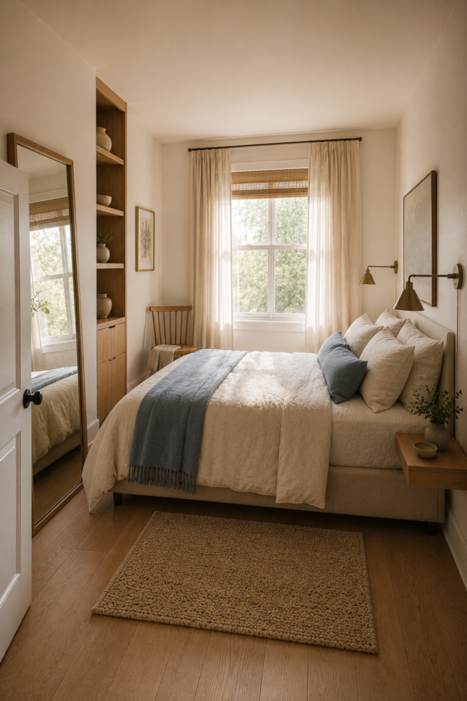 Functional small bedroom with clear walking space, compact furniture, slim storage, and a calm open layout.