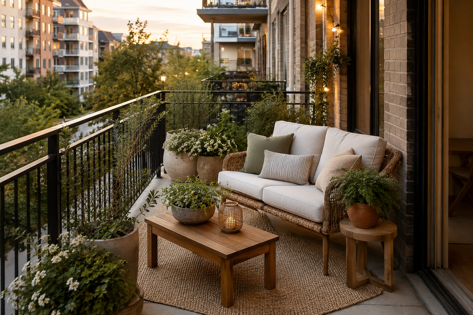Stylish apartment balcony with cozy seating, greenery, natural wood furniture, an outdoor rug, and warm lighting.
