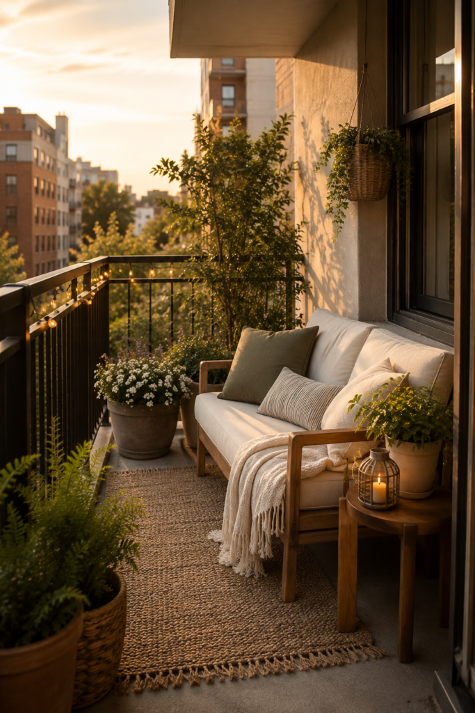 Cozy apartment balcony with a compact outdoor loveseat, soft cushions, textured throw, plants, and natural wood furniture.