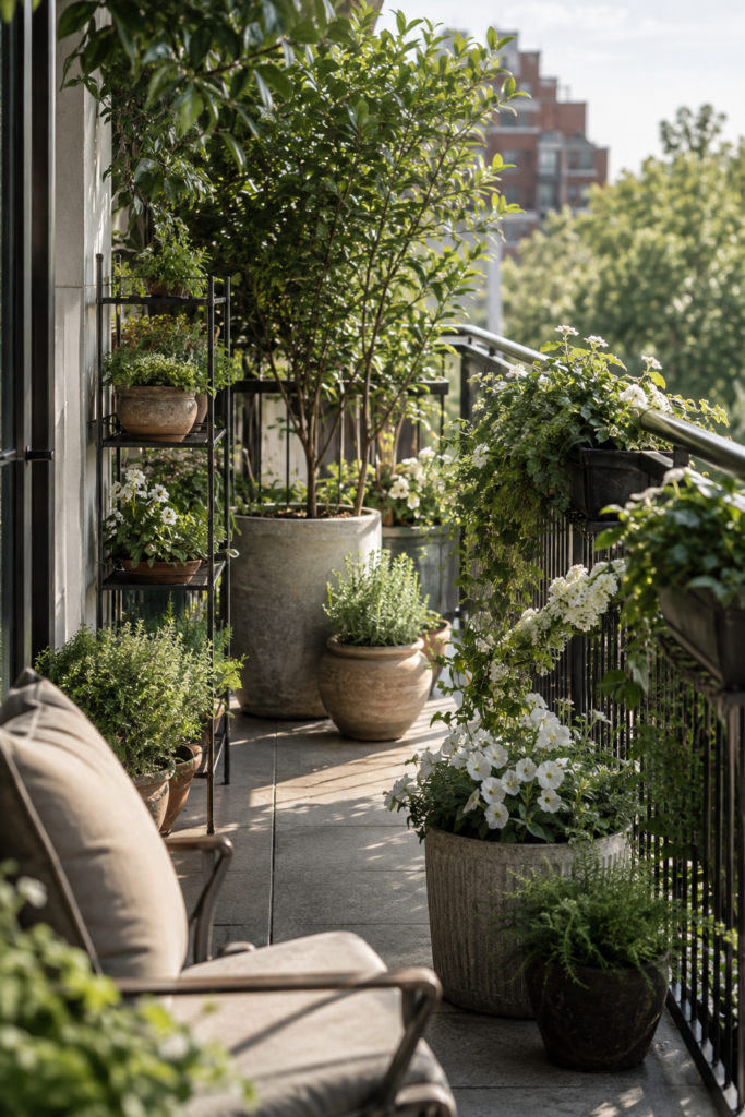 Apartment balcony filled with layered greenery using floor planters, railing planters, tall plants, and vertical plant stands.