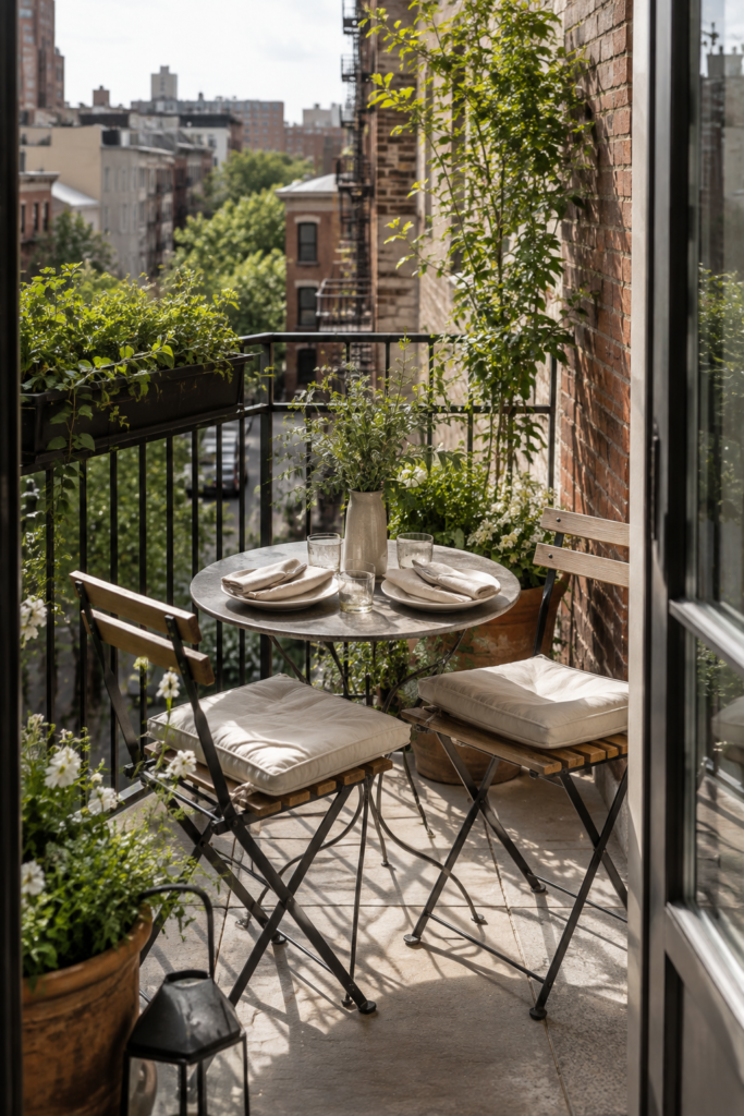 Small apartment balcony with a round bistro table, folding chairs, ceramic tableware, and a simple greenery centerpiece.