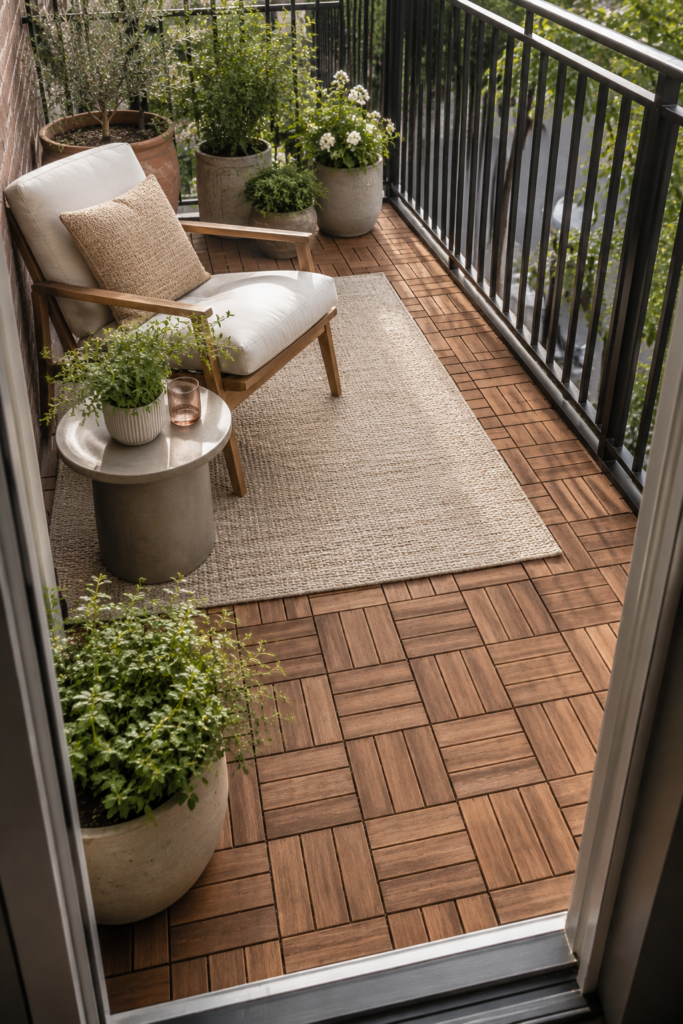 Small balcony with natural wood deck tiles, a weather-resistant rug, compact seating, and ceramic planters.