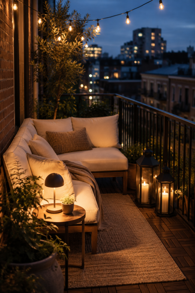 Cozy apartment balcony at evening with soft string lights, glowing lanterns, plants, and comfortable outdoor seating.