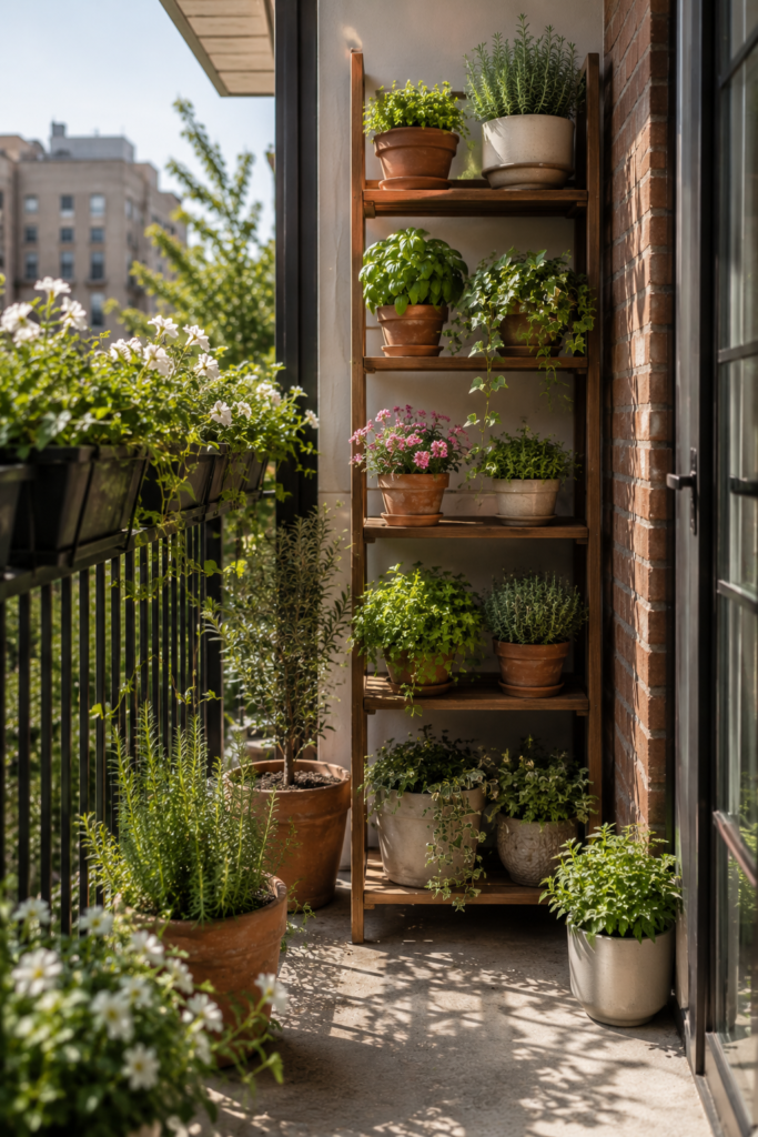 Small apartment balcony garden with a vertical plant shelf, herbs, flowers, railing planters, and open floor space.