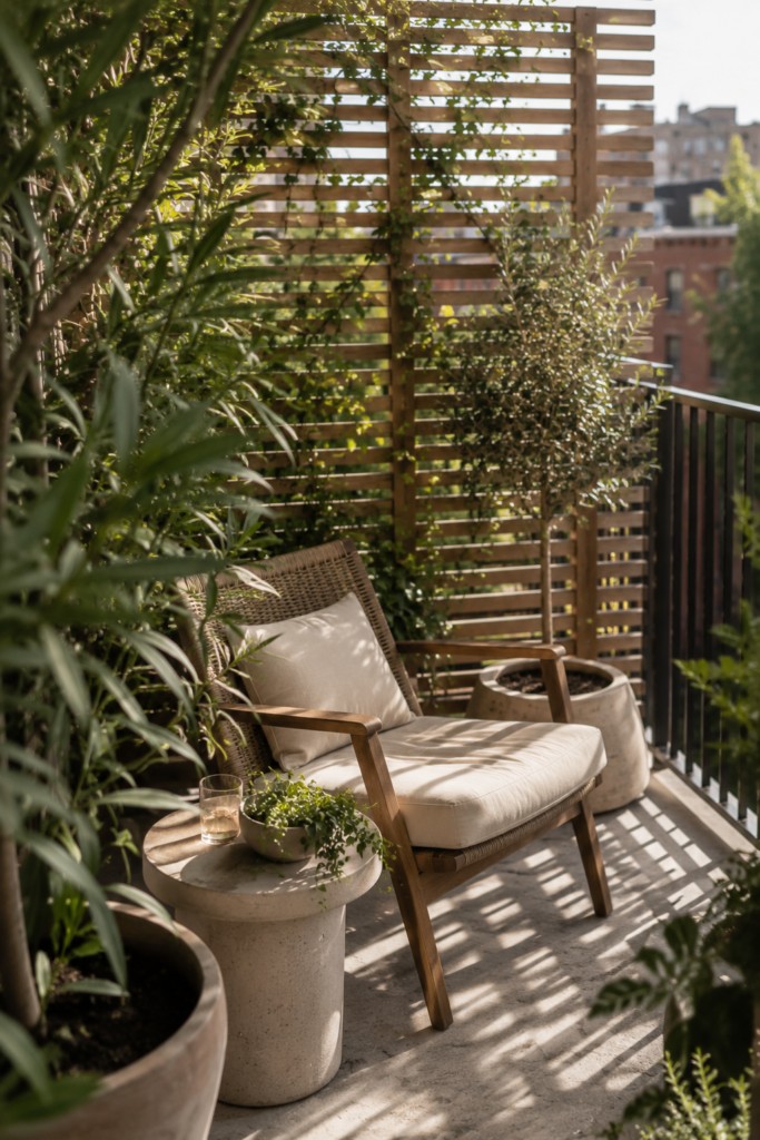 Private apartment balcony with a wood privacy screen, climbing greenery, tall plants, and a cozy lounge chair.