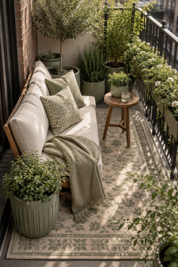 Small apartment balcony decorated with a cohesive sage green, cream, and natural wood color palette.
