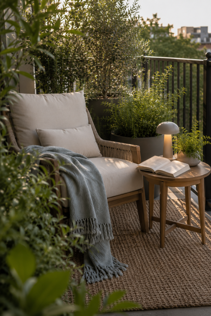 Relaxing apartment balcony reading corner with a comfortable chair, side table, open book, lamp, outdoor rug, and greenery.