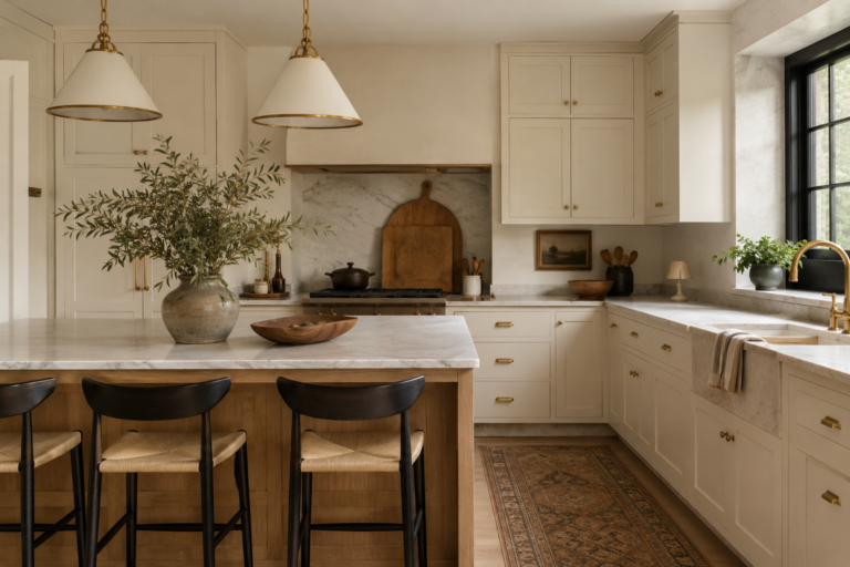Beautiful warm kitchen with white cabinets, natural wood accents, stone countertops, brass details, and stylish everyday decor.