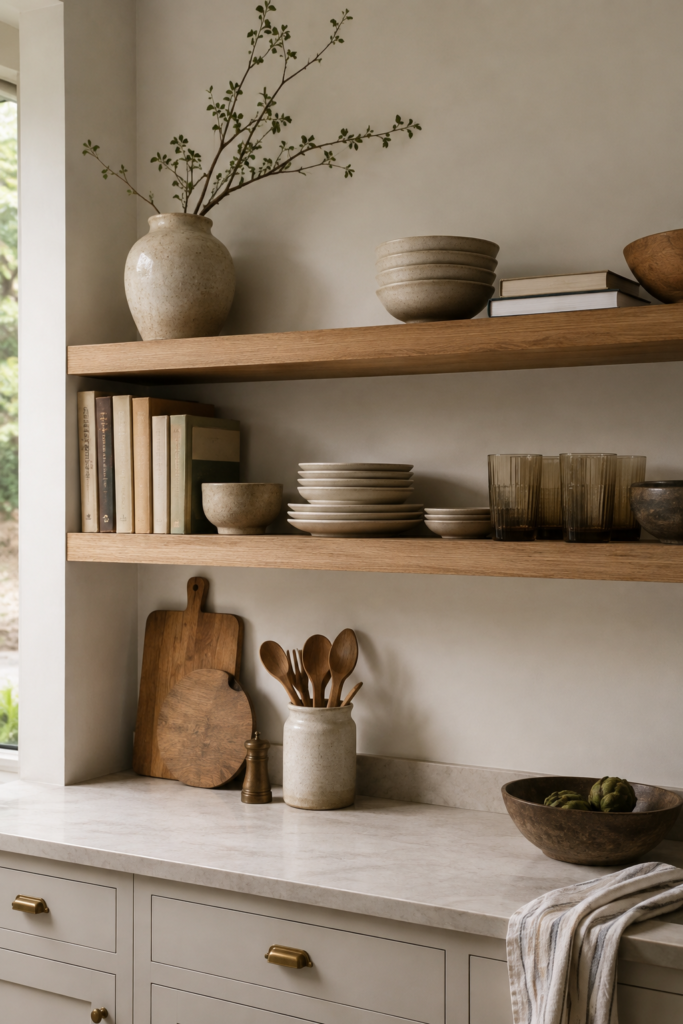 Open kitchen shelves styled with everyday ceramic dishes, glassware, cookbooks, and handmade decor.