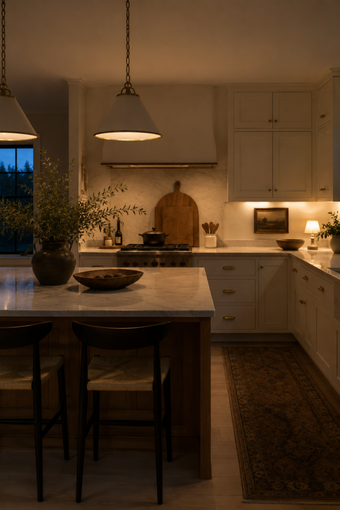 Warm kitchen with pendant lights, under-cabinet lighting, and a small table lamp creating a cozy layered atmosphere.