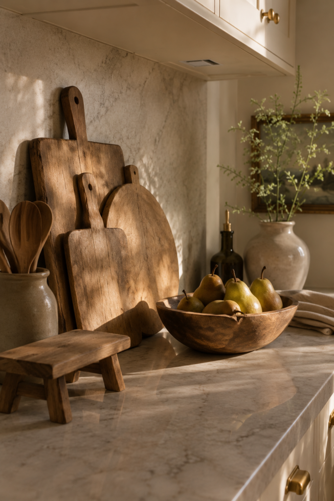 Kitchen countertop styled with natural wood cutting boards, wooden utensils, a stool, and a handcrafted bowl.