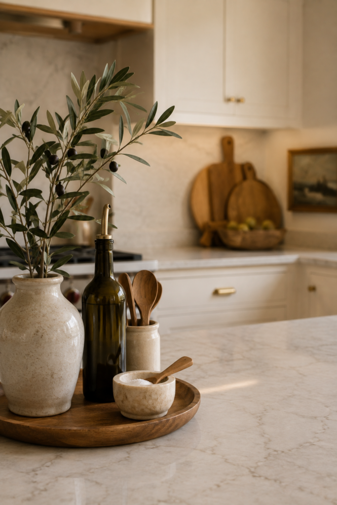 Minimal kitchen countertop arrangement with a wooden tray, ceramic vase, olive branches, olive oil, and wooden utensils.