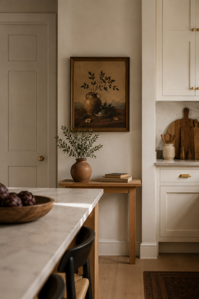 Elegant kitchen with framed artwork displayed on an open wall beside cabinetry and natural wood decor.