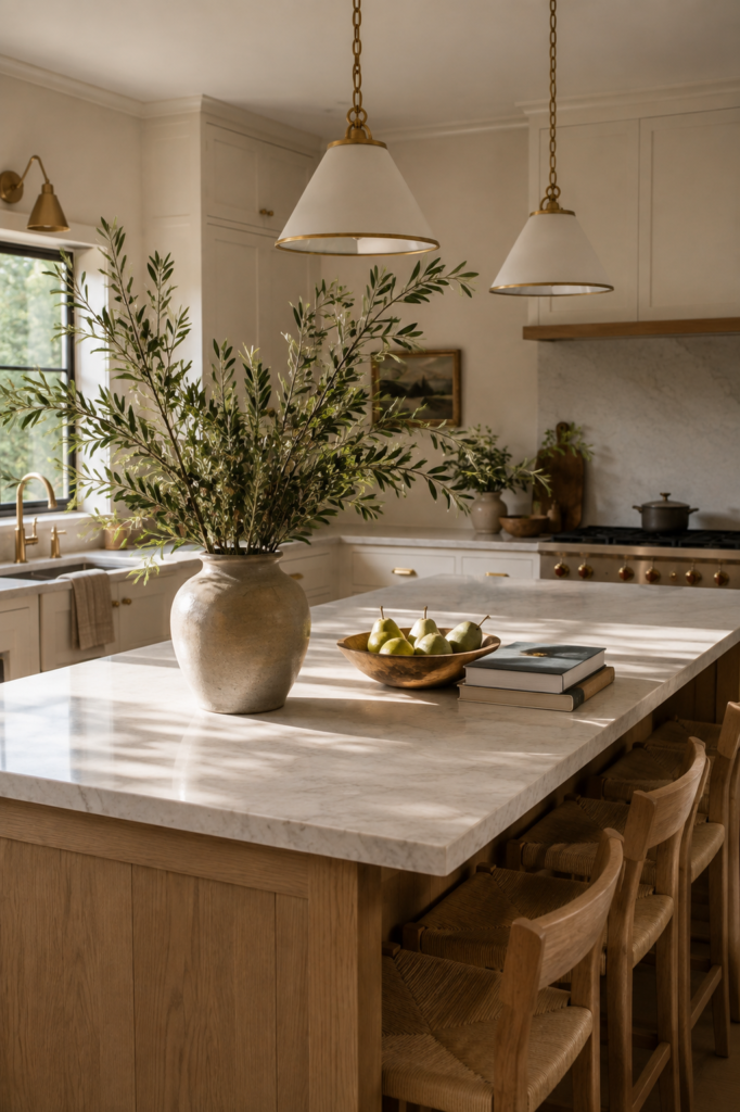 Kitchen island decorated with a large ceramic vase of fresh leafy branches, fruit bowl, and natural wood stools.