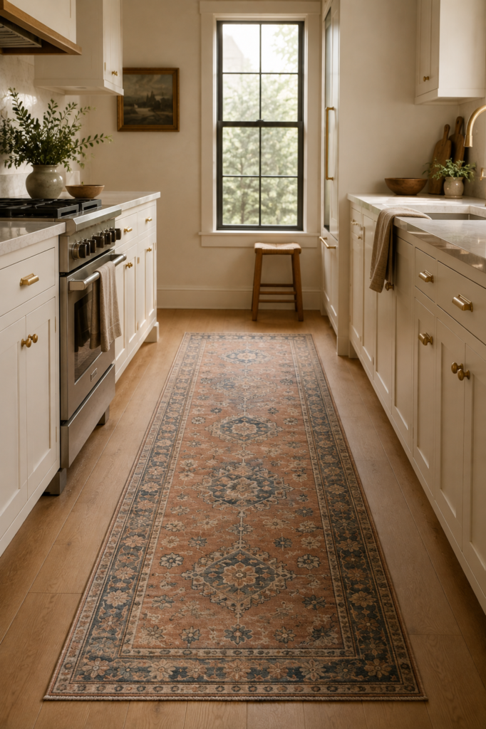 Stylish galley kitchen with warm white cabinets and a patterned runner adding color and softness to the floor.