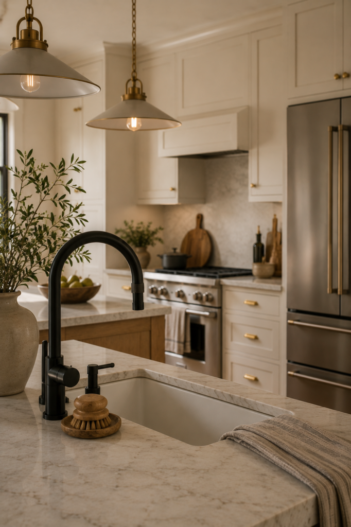 Sophisticated kitchen mixing aged brass hardware, a matte black faucet, and stainless steel appliances.