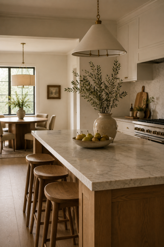 Beautiful kitchen island with oak stools, a ceramic fruit bowl, sculptural vase, and statement pendant lighting.