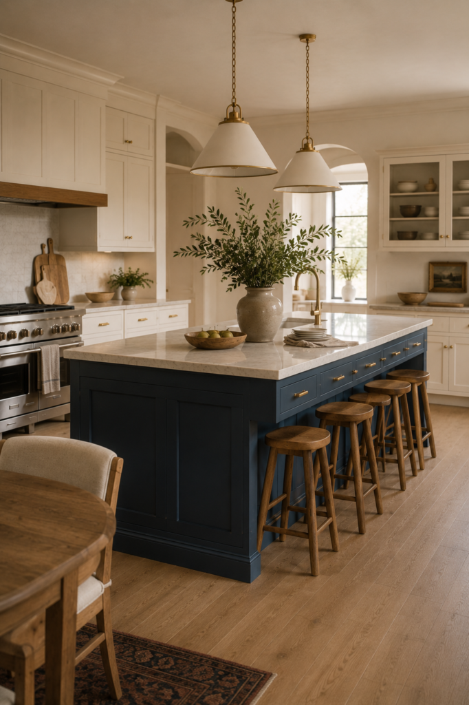 Warm white kitchen with natural wood accents and a deep dusty blue island as a bold statement feature.